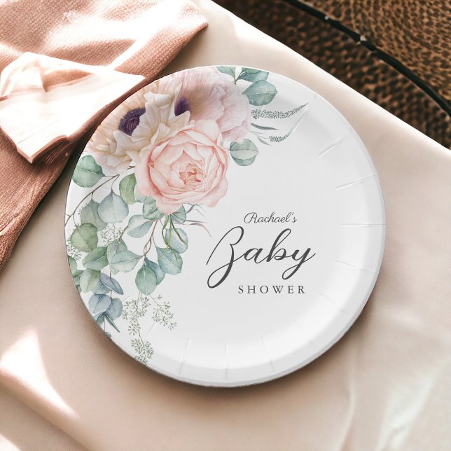 Assiettes En Carton Aquarelle rose doux Baby shower floral fille (Créateur téléchargé)