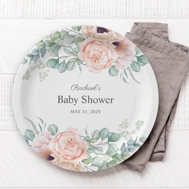Assiettes En Carton Aquarelle rose et beige Baby shower floral (Créateur téléchargé)