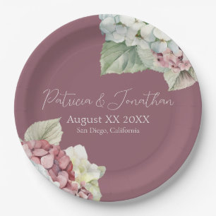 Assiettes En Carton Aquarelle rose et blanc Fleurs d'hydrangée sur le