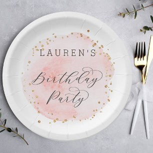 Assiettes En Carton Aquarelle rose et or Blush fête d'anniversaire