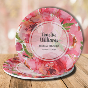Assiettes En Carton Aquarelle rose Fête des mariées florale