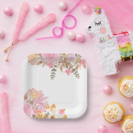 Assiettes En Carton Aquarelle rose fleur
