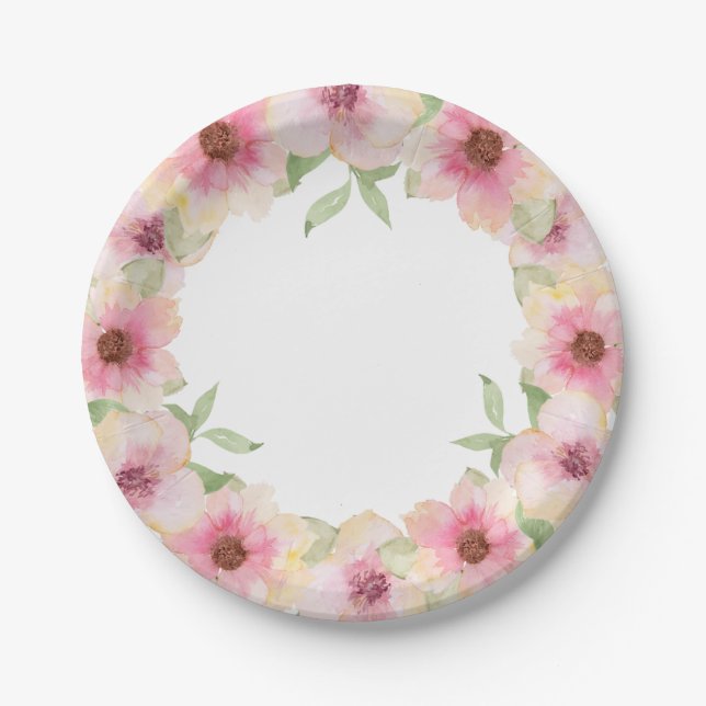 Assiettes En Carton Aquarelle rose Fleurs blanches (Devant)