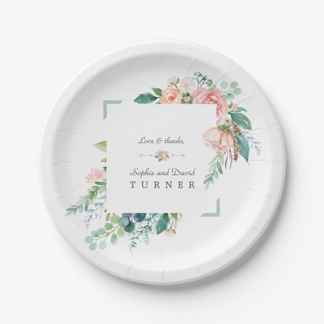Assiettes En Carton Aquarelle rose Fleurs blanches Mariage cadre vert (Devant)