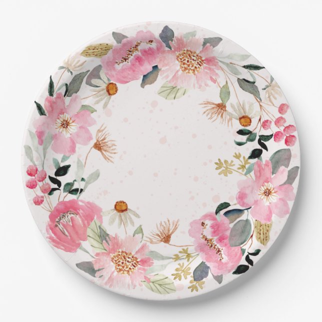 Assiettes En Carton Aquarelle rose Floral (Devant)