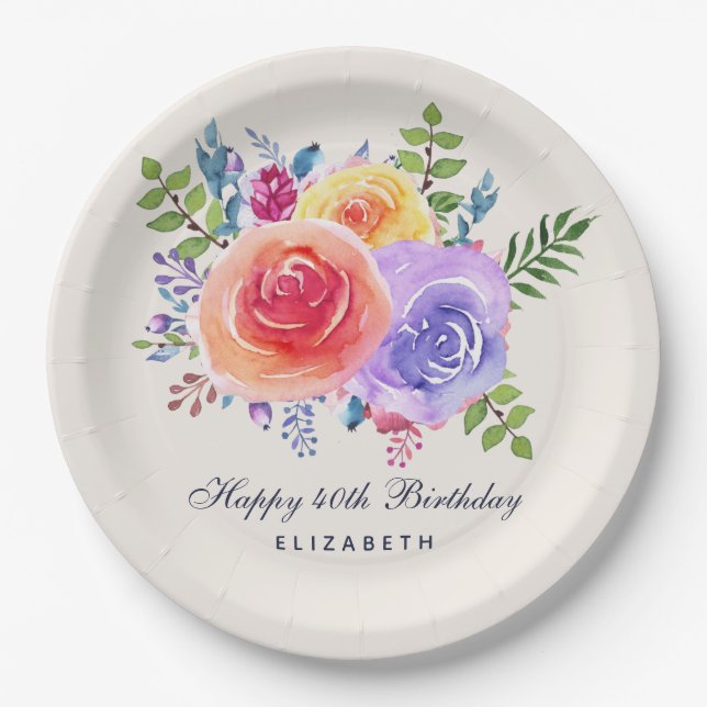 Assiettes En Carton Aquarelle Rose Floral Bouquet Anniversaire (Devant)