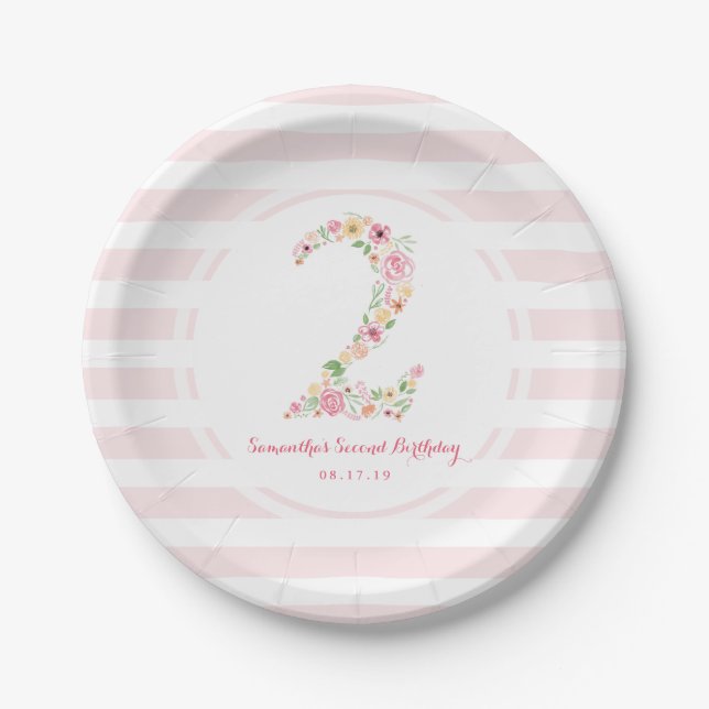 Assiettes En Carton Aquarelle rose floral deux 2e anniversaire (Devant)