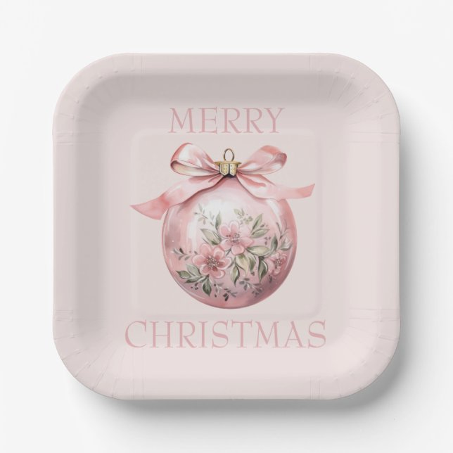 Assiettes En Carton Aquarelle rose Floral Ornement de Noël (Recto)