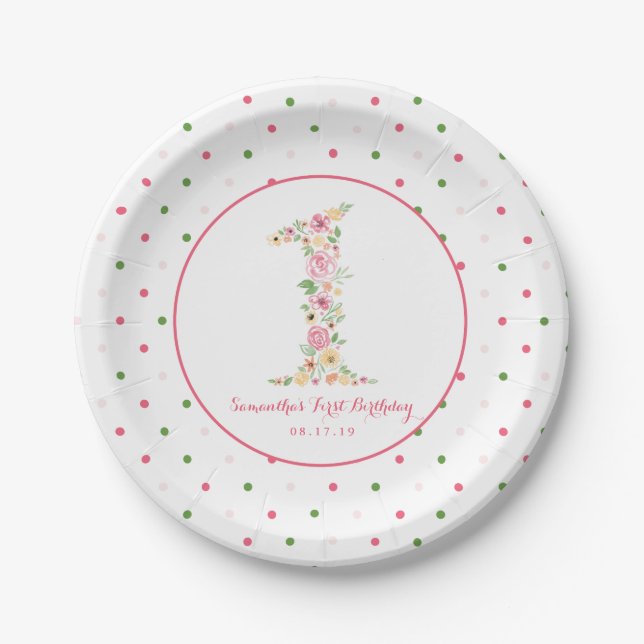 Assiettes En Carton Aquarelle rose Floral un premier anniversaire (Devant)