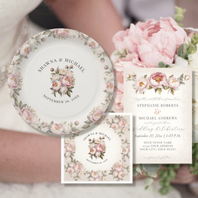 Assiettes En Carton Aquarelle rose florale Mariage élégant (Créateur téléchargé)