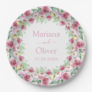 Assiettes En Carton Aquarelle rose jaune Mariage Floral