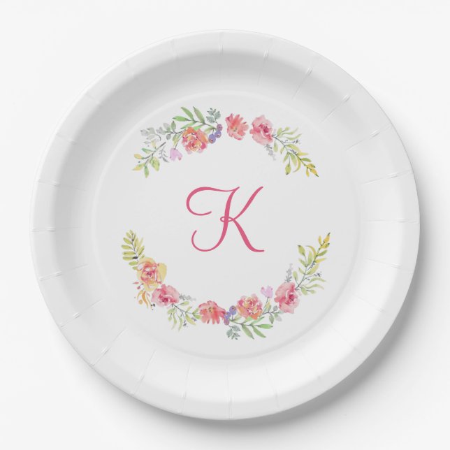 Assiettes En Carton Aquarelle rose jaune vert rose (Devant)