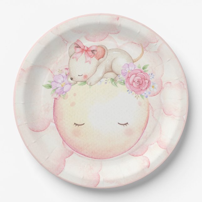 Assiettes En Carton Aquarelle rose Lune Étoiles Souris Floral (Devant)