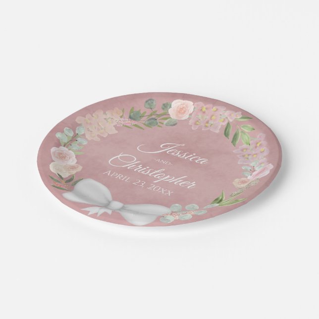 Assiettes En Carton Aquarelle rose mauve Mariage de couronnes florales (Angle)