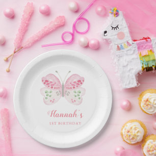 Assiettes En Carton Aquarelle rose mignonne papillon 1er fête d'annive