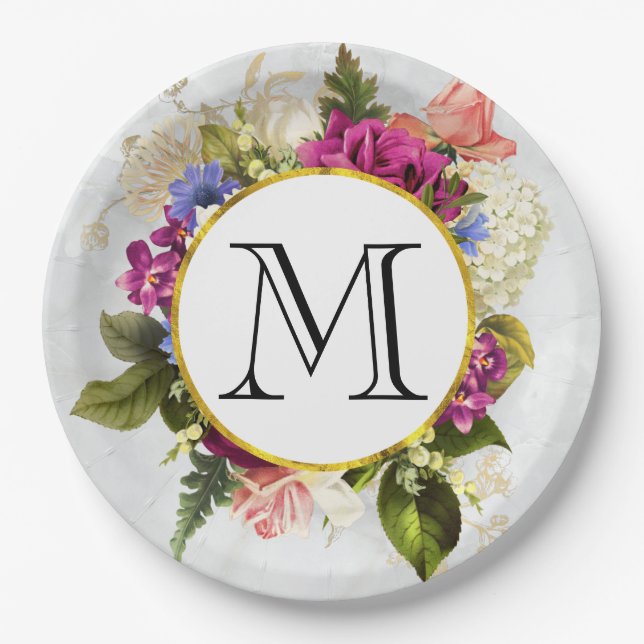 Assiettes En Carton Aquarelle rose moderne Bouquet floral Monogramme (Devant)