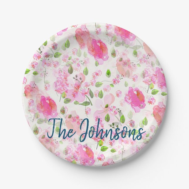 Assiettes En Carton Aquarelle rose Motif de jardin Floral (Devant)