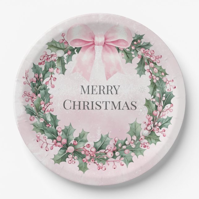 Assiettes En Carton aquarelle rose Noël Père Noël 1er anniversaire (Devant)