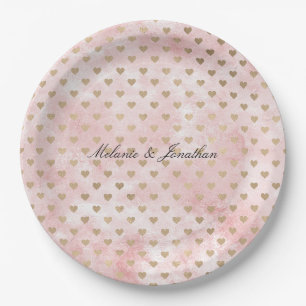 Assiettes En Carton Aquarelle rose pâle Coeurs d'or
