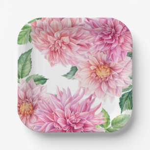 Assiettes En Carton Aquarelle rose pâle Dahlia motif floral