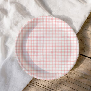 Assiettes En Carton Aquarelle rose pâle En vichy Baby shower