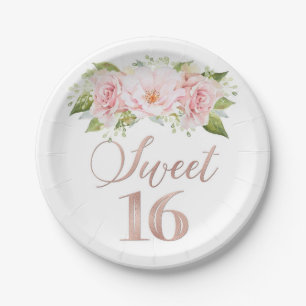 Assiettes En Carton Aquarelle rose pâle Fleurs Douceur 16 Anniversaire