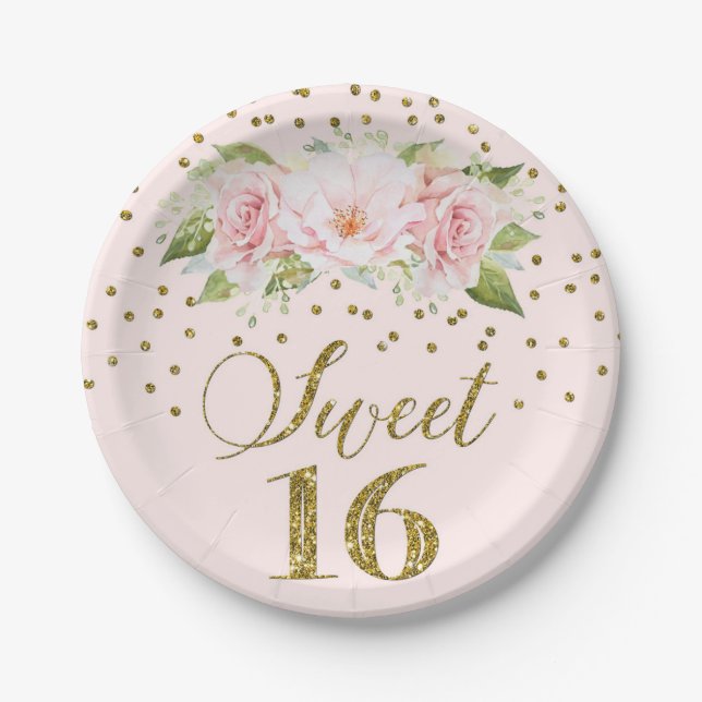 Assiettes En Carton Aquarelle rose pâle Fleurs Douceur 16 Anniversaire (Devant)