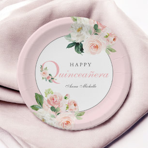 Assiettes En Carton Aquarelle rose pâle Floral Quinceañera Anniversair