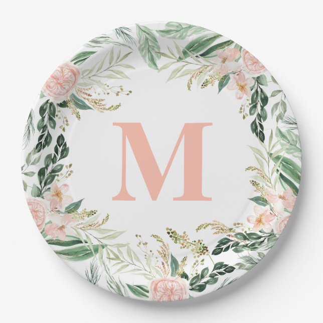Assiettes En Carton Aquarelle rose pâle monogramme floral initial (Devant)