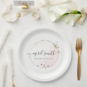 Assiettes En Carton Aquarelle rose pâle Or Cercle Floral