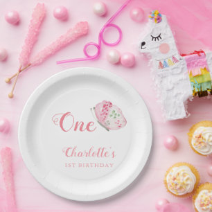 Assiettes En Carton Aquarelle rose papillon 1er anniversaire fête