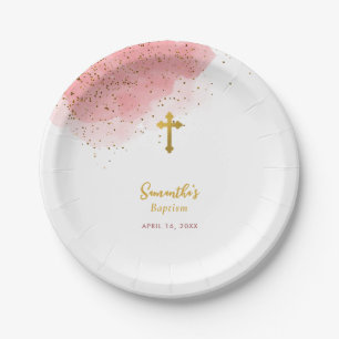 Assiettes En Carton Aquarelle rose Parties scintillant Gold Cross Bapt