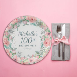 Assiettes En Carton Aquarelle rose perles Roses florales 100e annivers