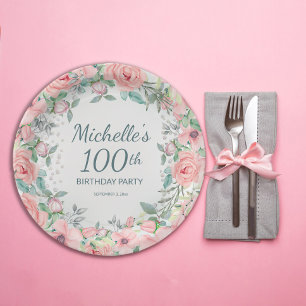 Assiettes En Carton Aquarelle rose perles Roses florales 100e annivers