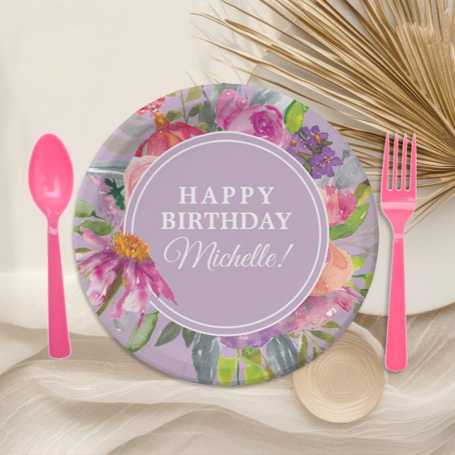 Assiettes En Carton Aquarelle rose pourpre Fleur fête d'anniversaire (Pink and purple watercolor floral birthday party paper plate )