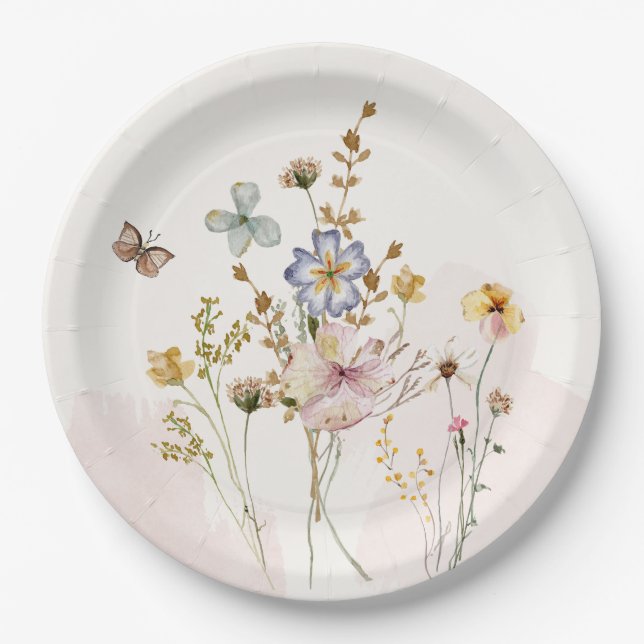 Assiettes En Carton Aquarelle Rose pressé et séché Fleurs sauvages (Devant)