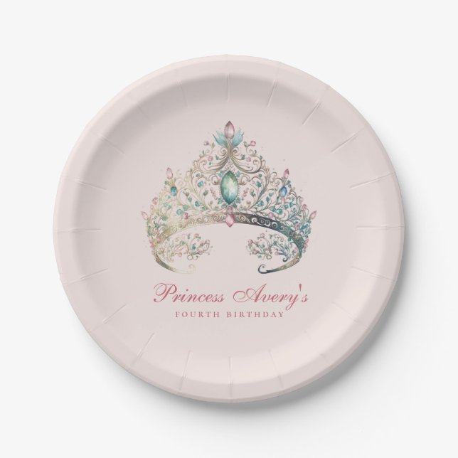 Assiettes En Carton Aquarelle rose princesse Tiara Anniversaire (Devant)