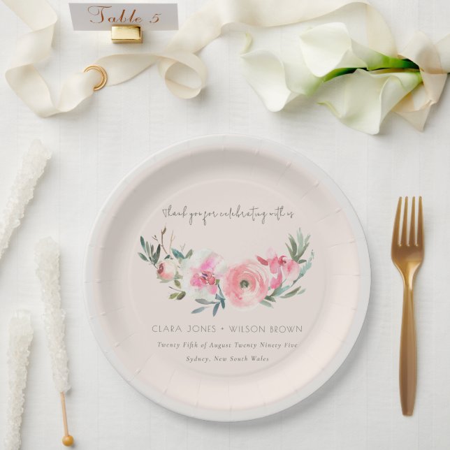 Assiettes En Carton Aquarelle rose rose pâle Mariage floral (Mariage)