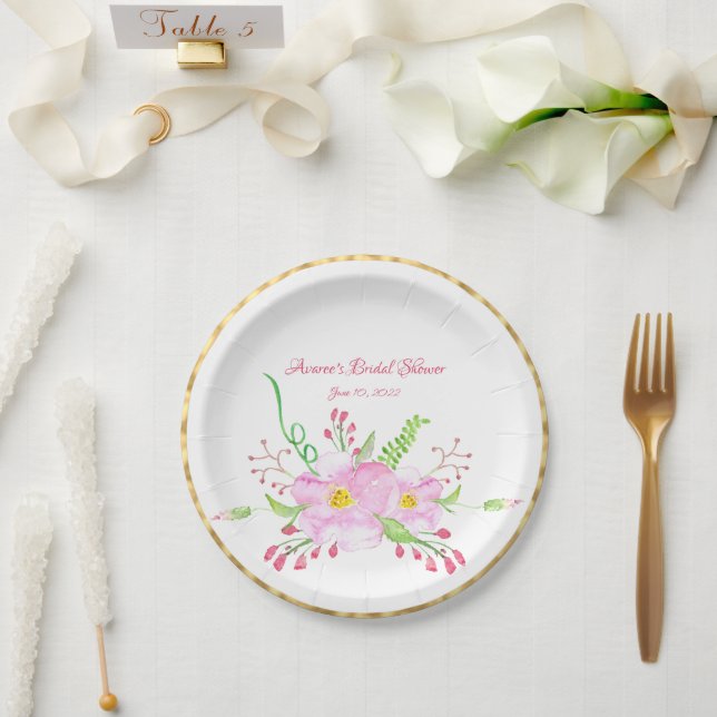 Assiettes En Carton Aquarelle rose Roses sauvages (Mariage)