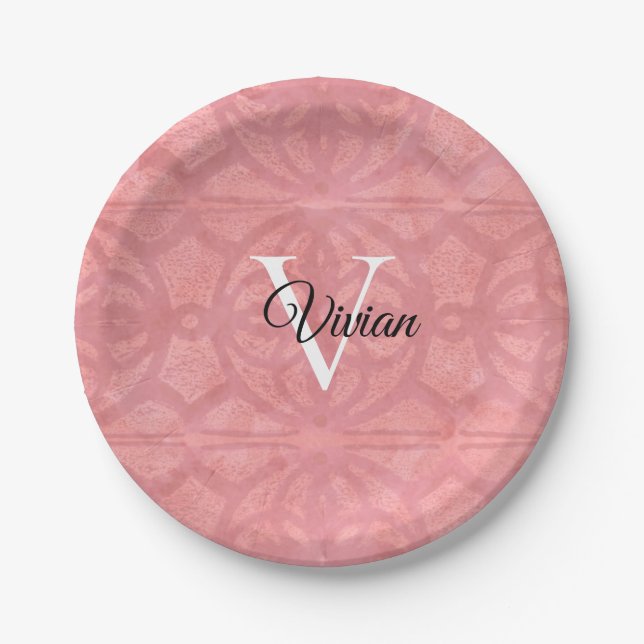 Assiettes En Carton Aquarelle rose roude Nom du monogramme (Devant)