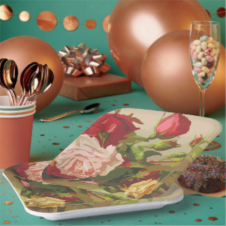 Assiettes En Carton Aquarelle rose Trend Rose marguerites