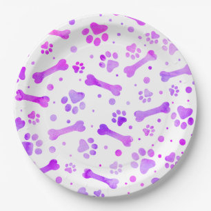 Assiettes En Carton Aquarelle rose violet Empreintes de pattes Anniver