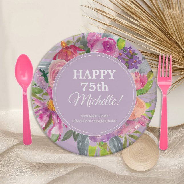 Assiettes En Carton Aquarelle rose violet Fleur sauvage 75e anniversai (Elegant purple and pink watercolor wildflowers 75th birthday party paper plates)
