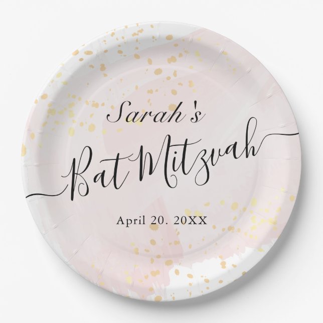 Assiettes En Carton Aquarelle rose x Bat mitzvah or (Devant)