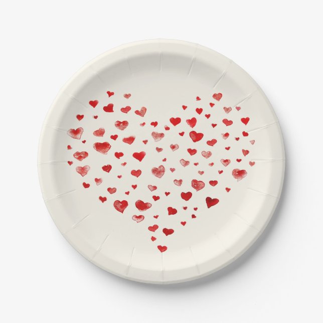 Assiettes En Carton Aquarelle rouge mignonne Coeurs Saint Valentin (Devant)