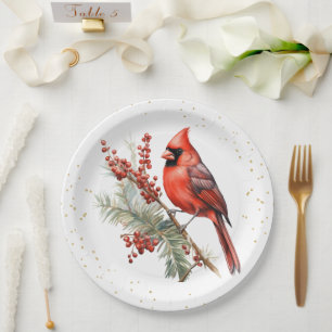 Assiettes En Carton Aquarelle rustique Hiver Cardinal Holly Branche