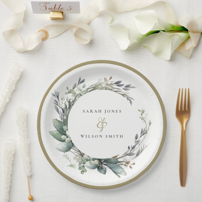Assiettes En Carton Aquarelle rustique Mariage de serrure vert feuilla (Mariage)
