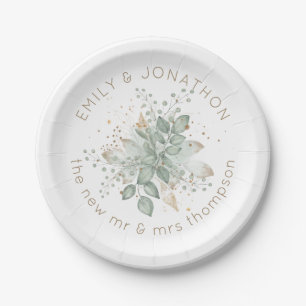 Assiettes En Carton Aquarelle Sage Green Gold Couples Noms