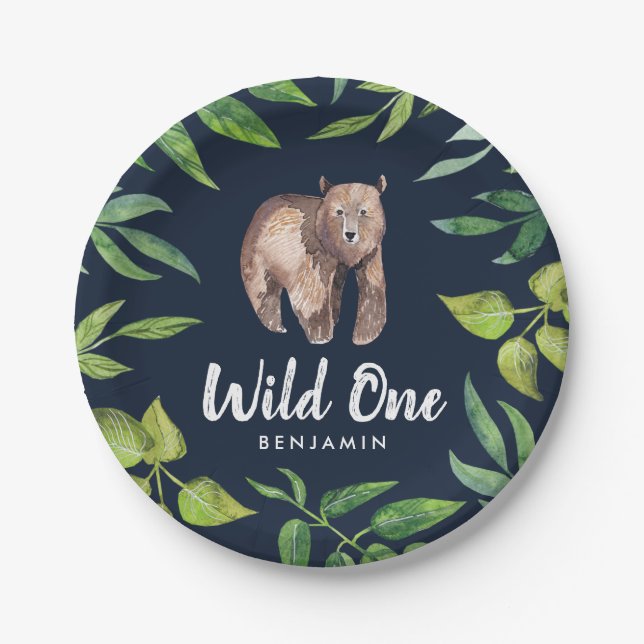 Assiettes En Carton Aquarelle Sauvage Un Ours Premier Anniversaire | M (Devant)