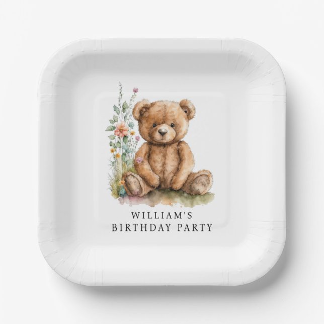 Assiettes En Carton Aquarelle simple Ours en peluche Anniversaire (Recto)